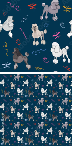 Seamless dog pattern, holiday texture. Navy dark background, colorful abstract elements. Packaging, textile, textile, fabric, decoration, wrapping paper. Trendy hand-drawn Poodle breed wallpaper.