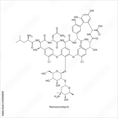 Norvancomycin flat skeletal molecular structure Glycopeptide antibiotic drug used in  treatment. Vector illustration. photo