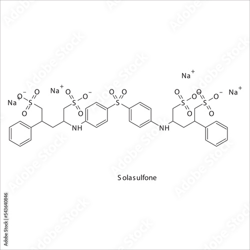 Solasulfone  flat skeletal molecular structure DHFR inhibitor antibiotic drug used in dihydrofolate, folic acid, dhfr, methotrexate, leprosy treatment. Vector illustration.