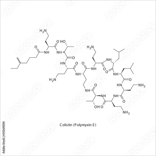 Colistin (Polymyxin E) flat skeletal molecular structure Nonribosomal peptide antibiotic drug used in  treatment. Vector illustration. photo