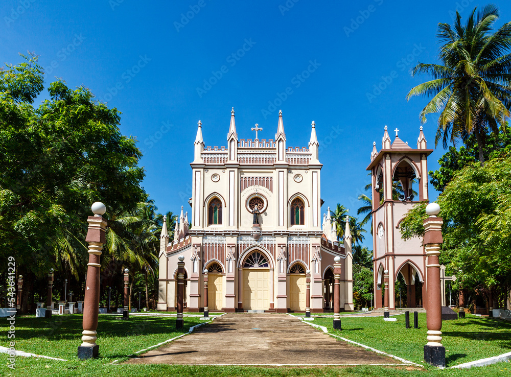 Exterior of a Neo Gothic church with bell tower in Negombo, Sri Lanka, Asia