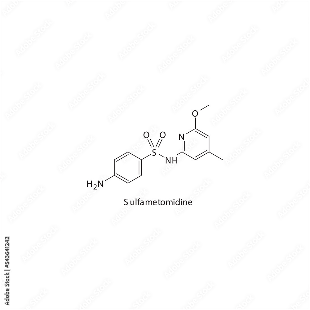 Sulfametomidine  flat skeletal molecular structure Sulfonamide antibiotic drug used in dihydrofolate, folic acid, dhfr, methotrexate, leprosy treatment. Vector illustration.