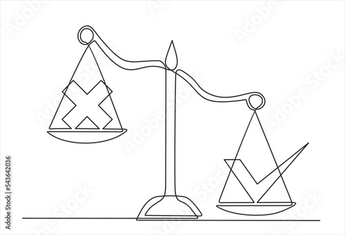 Continuous line drawing of Badges Yes and No on Scales. Check marks list icons YES or NO.