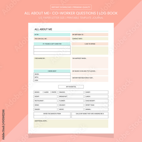 All About Me- Co-Worker Questions Log Book | Co-Worker Journal | Notebook Printable Template