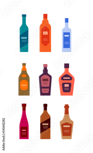 Set bottles of shnapps rum vodka balsam cream tequila wine brandy whiskey. Icon bottle with cap and label. Graphic design for any purposes. Flat style. Color form. Party drink concept. Simple image
