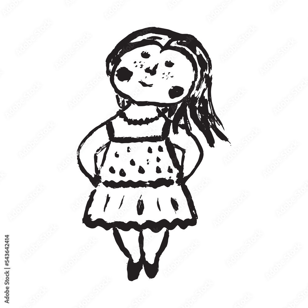 Fototapeta premium Girl with loose hair and beads cartoon female lady dress