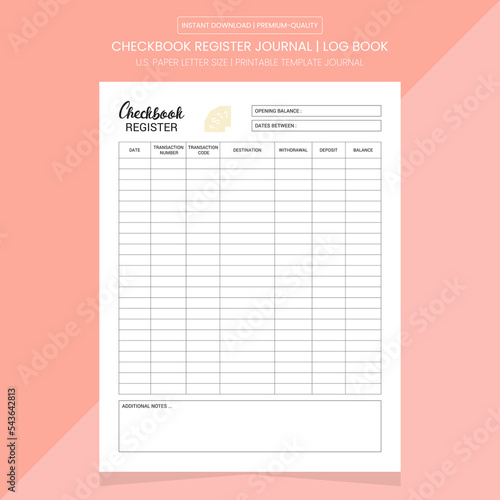Checkbook Register Journal | Checkbook Log Printable Template, Checkbook Diary