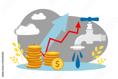 The rise in price of water. Rise in prices for utilities. Inflation. Coins. Money