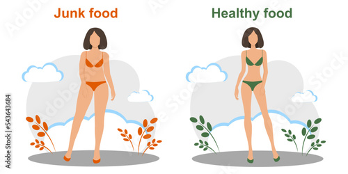 Healthy food is a healthy body. Harmful food. Figure before losing weight and after losing weight. Pretty Woman.