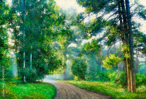 Oil paintings summer landscape  digital art  road in the woods  road in the forest. Fine art  artwork