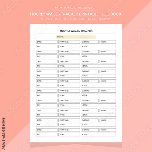 Hourly Wages Tracker Printable | Hourly Wages Journal Printable Template