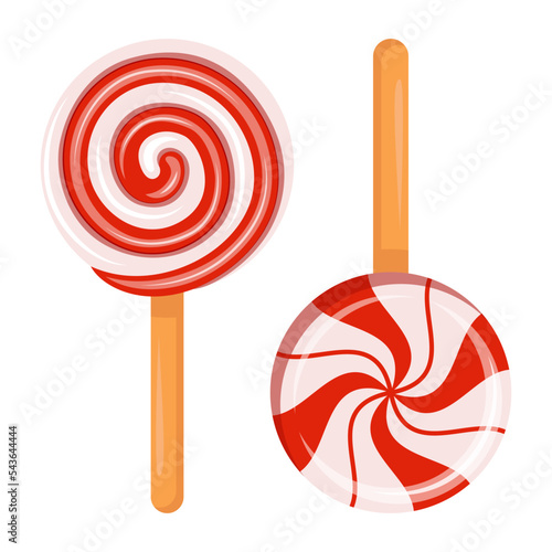 Red and white christmas lollipops set. Candy on stick with different designs. Elements for Christmas, New Year, birthday, anniversary, event. Template for poster, web, flyer, icon, blogs, logo. Vector