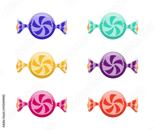 Rainbow round candies in wrapper set. Candy icon set. Design element for Christmas, New Year, birthday, anniversary, event. Template for poster, web, flyer, icon, blogs, logo. Vector