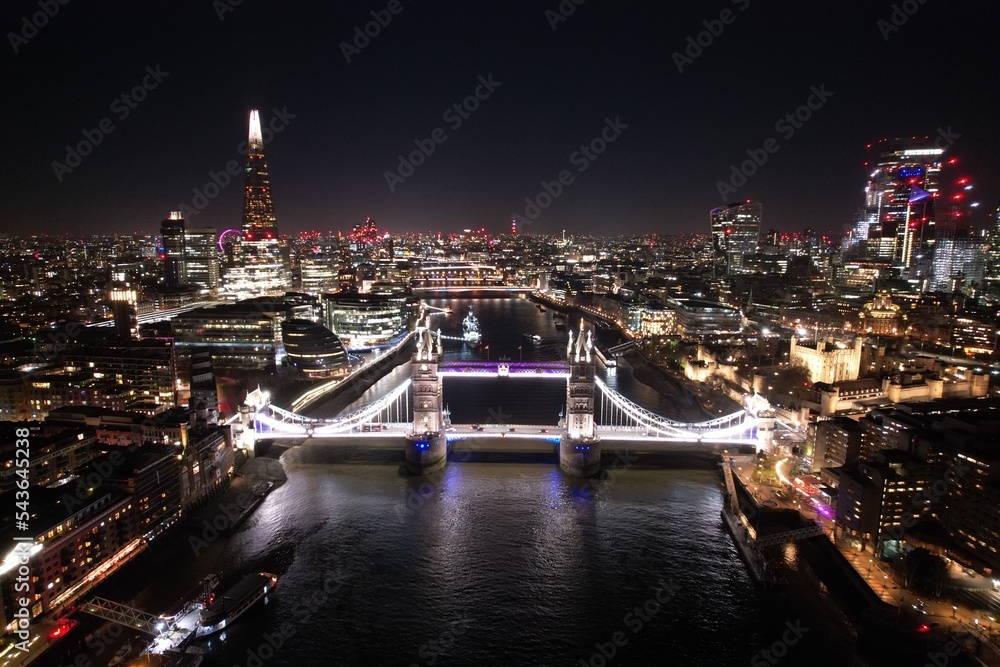 City of London Tower bridge  view at night drone aerial .