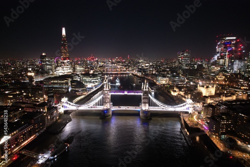 City of London Tower bridge view at night drone aerial .
