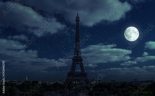 Photography Paris at night during energy crisis, full blackout of city, concept of France, dark town, moon, electricity
