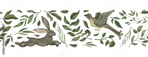 Watercolor seamless border with vintage bird, rabbit and foliage. Repeatable long frame for creative design
