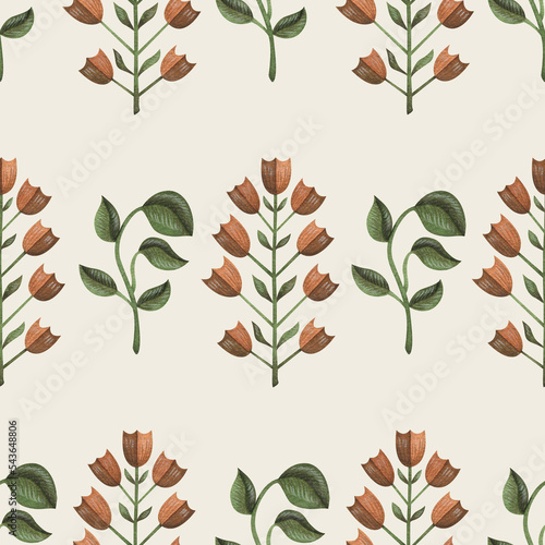 Watercolor seamless pattern with vintage red flowers and foliage on a beige background for creative design