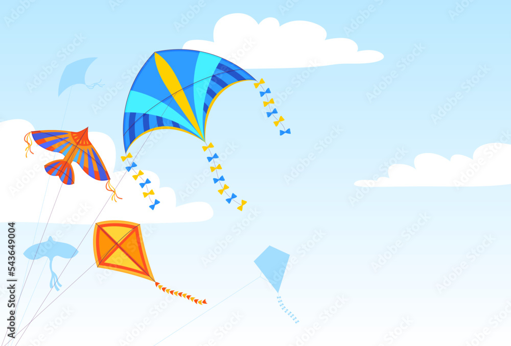 Flying kites. Playing outdoors with the wind. Vector illustration