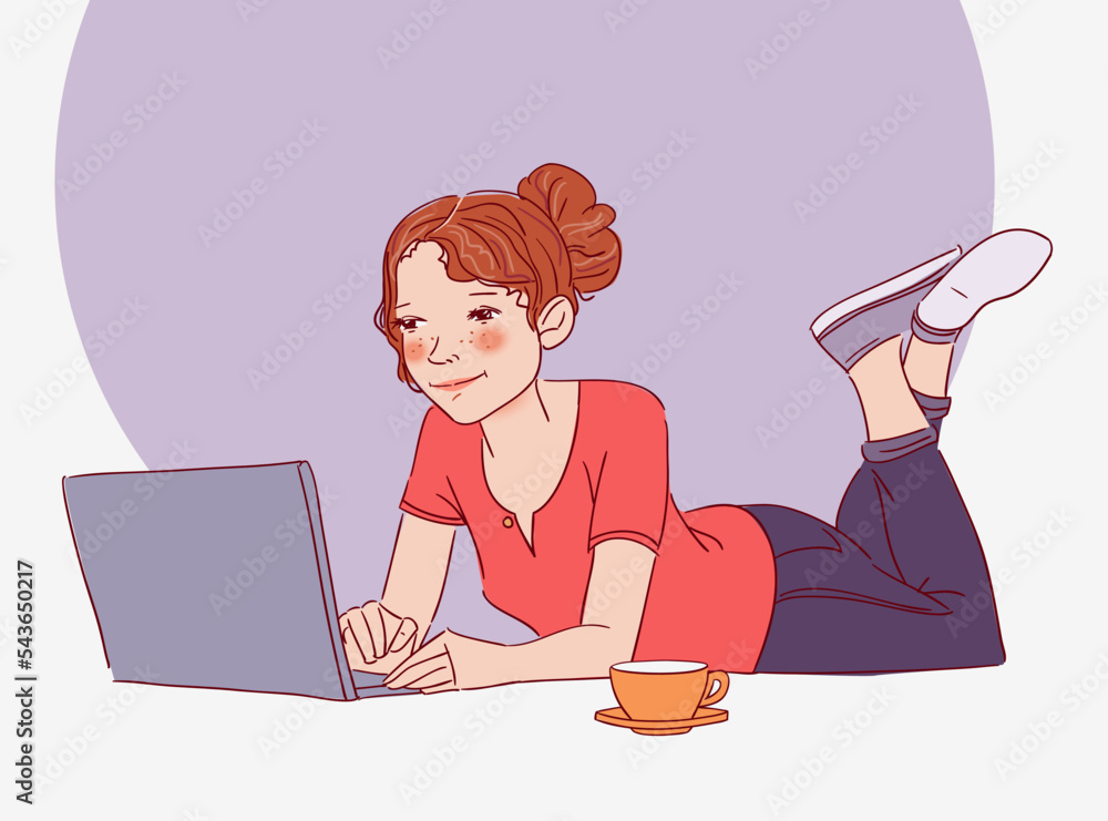 Young woman lying on the floor and working on laptop
Young woman lying on the floor and working on laptop