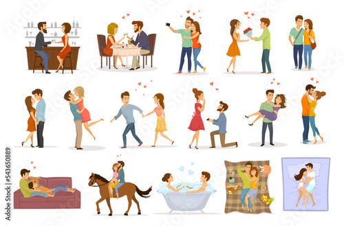 collection set of couples in love on a date hug embrace kiss hold hand take bath, horse riding, giving flowers, marriage proposal, walk, sleep, eating in restaurant and drink in bar