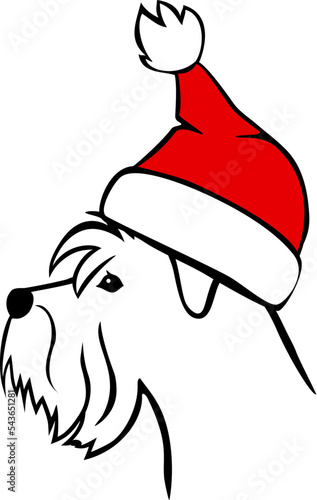 schnauzer dog in santa hat merry christmas black and white outline portrait graphic, isolated vector illustration