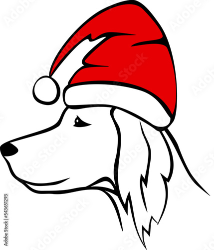 irish setter dog in santa hat merry christmas black and white outline portrait graphic, isolated vector illustration