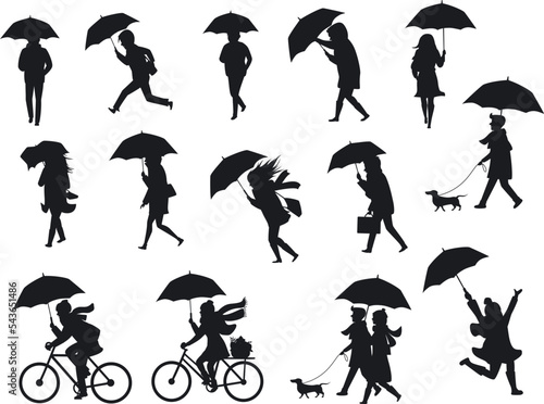 people silhouettes with umbrellas, isolated vector illustration