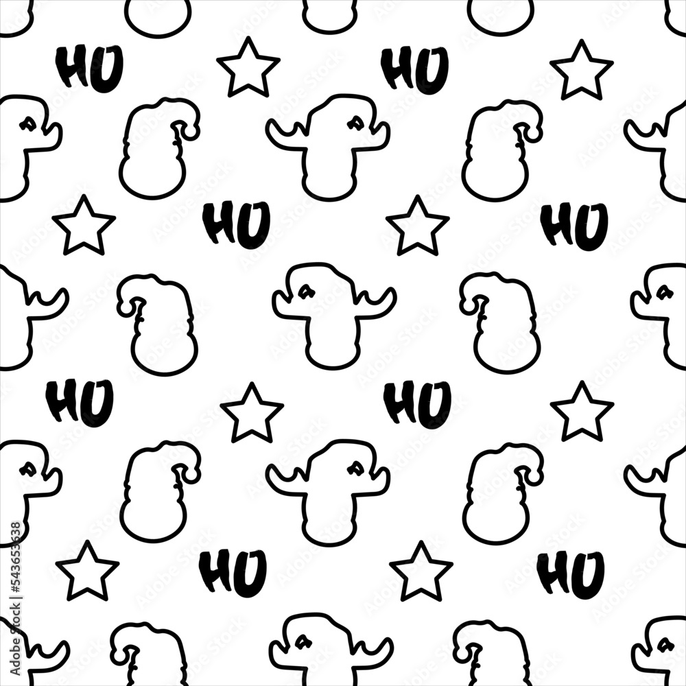 Wrapping paper with outline character of santa claus, reindeer, stars and ho ho ho. Seamless pattern with santa and inscription ho on white background. New year concept. 