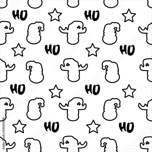 Wrapping paper with outline character of santa claus, reindeer, stars and ho ho ho. Seamless pattern with santa and inscription ho on white background. New year concept. 