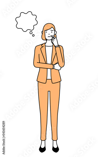 顔をかきながら考えるスーツ姿の女性のシンプルな線画イラスト