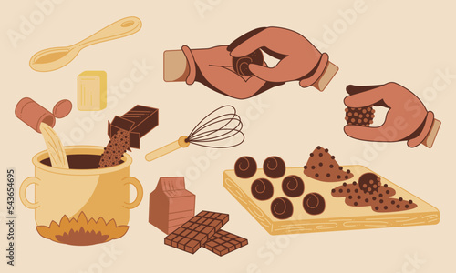 Brigadeiro candy cooking. How to make Brazilian sweets. Cartoon vector illustration.