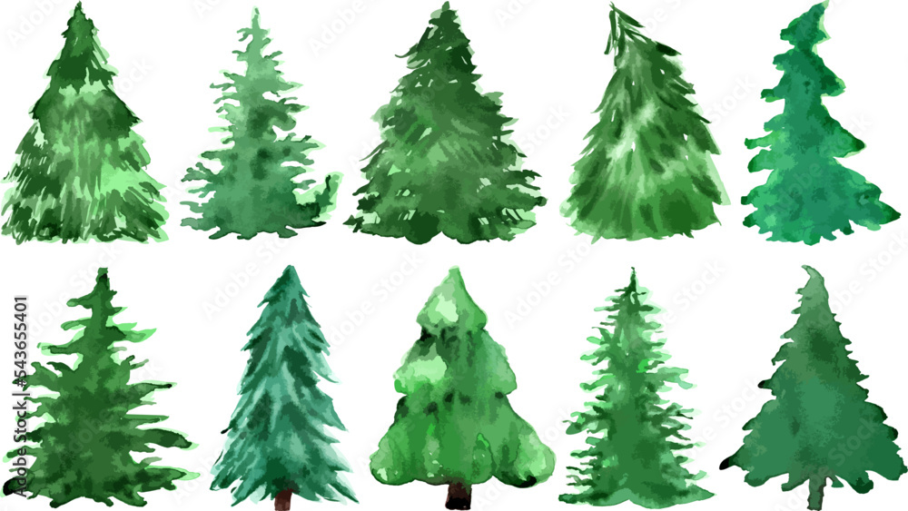 watercolor Christmas trees hand drawn, vector illustration set of silhouettes, green color. New year decoration