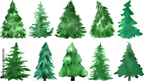watercolor Christmas trees hand drawn  vector illustration set of silhouettes  green color. New year decoration