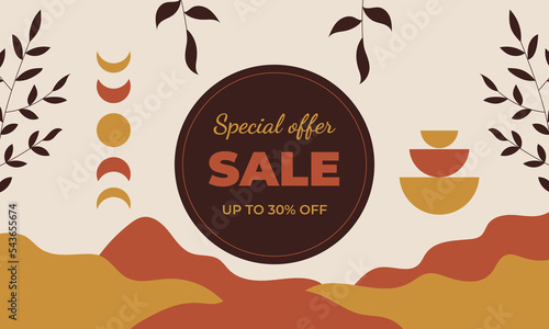 Aesthetic background sale 30% off. Boho background. Background with sun, moon, leaves and geometric shapes in boho and aesthetic style. Vector Illustration.
