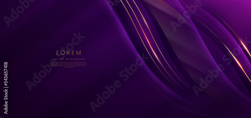 Luxury curve golden lines on dark purple  background with lighting effect copy space for text. Luxury design style.