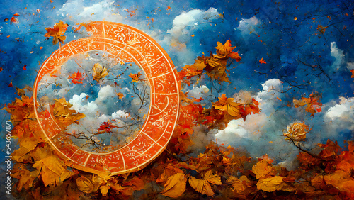 The zodiac is located in the sky during autumn, and is used to predict a person's horoscope. This time of year features fall leaves and astrological symbols.