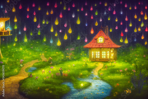 This whimsical house is illustrated in a dreamy, fairy-tale style. It is perfect for a imaginative child, with a colorful drawing of a forest and starry sky.