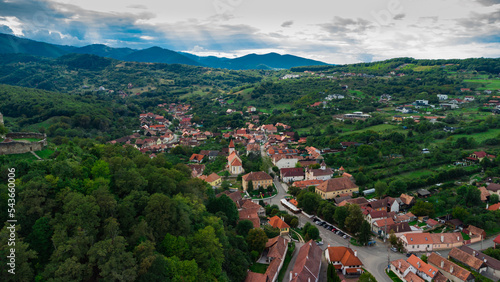 Village in the forest by drone point of view, Romania, Transylvania
