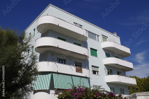 Ostia, Rome, Italy - July 20, 2022, view of a building with a rationalist structure, on the seafront. photo