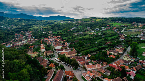 Village in the forest by drone point of view, Romania, Transylvania
