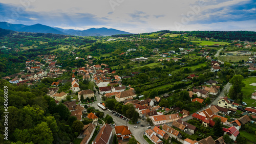 Village in the forest by drone point of view, Romania, Transylvania