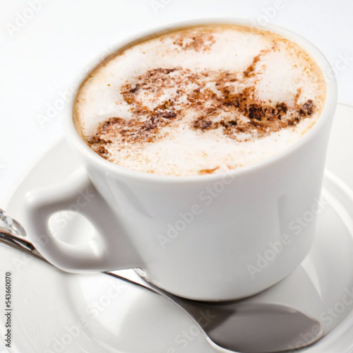 Cup of frothy cappuccino coffee on a saucer with spoon, isolated on white background