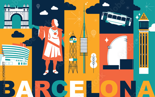 Typography word Barcelona branding technology concept, split video screen. Collection flat vector web icons. Culture travel, set famous architectures, detailed silhouette. Spain landmark illustration