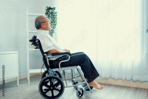 Fototapeta Portrait of an elderly man in a wheelchair alone with himself at home but contented with his lot in life