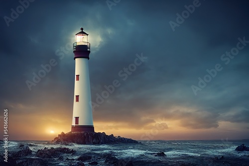Leinwand Poster Spectacular sea landscape with lighthouse providing light during sunrise or sunset
