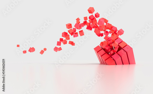 Abstract creative modern red and white 3D background a three-dimensional cube lying on its side and exploding small cube particles flying out of it. 3d illustration
