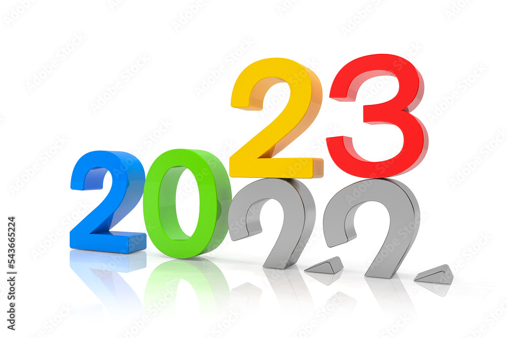 3d render of the numbers 2022 and 23 in colorful over white reflecting background. 3d render of the numbers 2022 and 23 in colorful over white reflecting background.