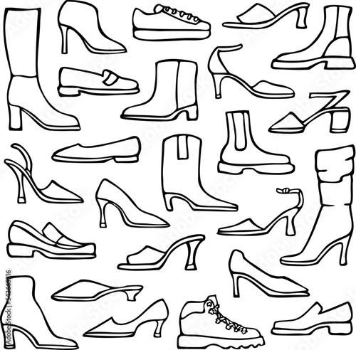 Vector illustration with collection of women's shoes. Design for coloring book.