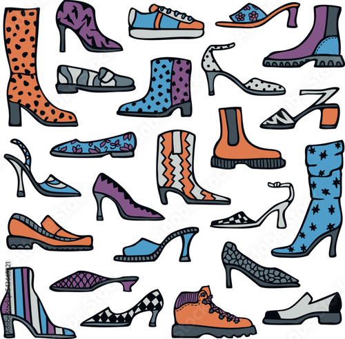 Vector illustration with set of ladies shoes. Fashionable women's footwear. Cartoon style.